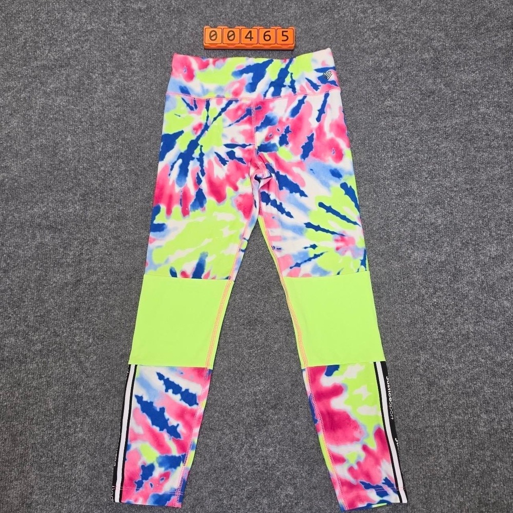 Justice Sport multi-colored tie-dye leggings with neon green panels size M (10)